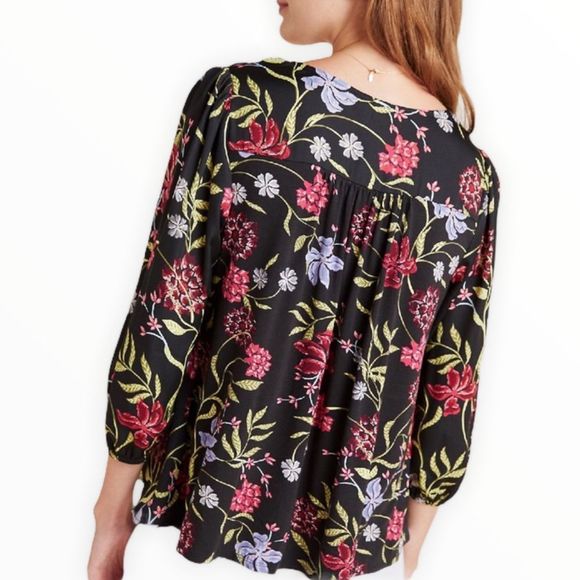 Dolan Dark Moody Floral Square Neck 3/4 Sleeve Top Blouse size Small Petite - Picture 2 of 14